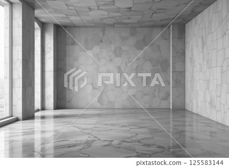 Abstract empty concrete room with hexagon honeycomb wall and glossy tiles. 125583144