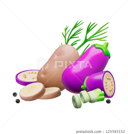 Ripe vegetables with spices 3D vector design, volume potatoes, eggplant, onion and dill, natural healthy plant food 125583152