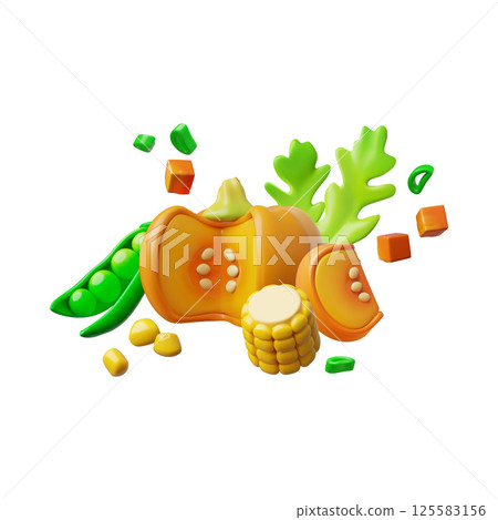 Ripe vegetables with greenery 3D vector composition, pumpkin, corn, arugula and peas, natural healthy plant food 125583156