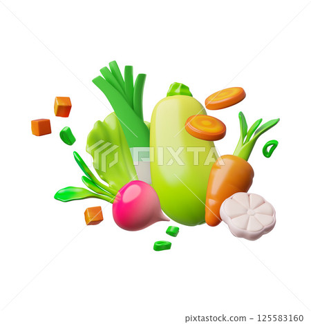 Ripe vegetables with greens 3D vector design, volume zucchini, carrot, beetroot and lettuce, natural healthy plant food 125583160