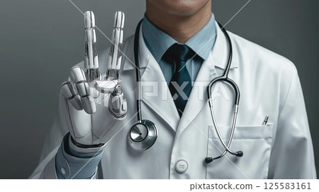 A futuristic doctor in a white coat with a stethoscope has a robotic, metallic hand raised in a gesture, symbolizing the fusion of AI, robotics, and healthcare innovation. 125583161