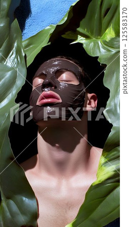 A young man with a glossy dark facial mask reclines with closed eyes, framed by lush green leaves, evoking themes of skincare, relaxation, and nature-inspired beauty. 125583170