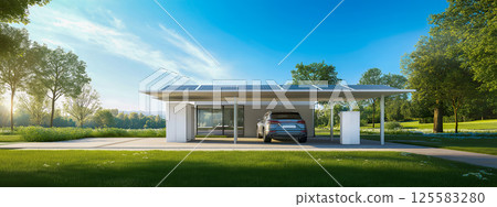 Image of an electric car being charged by solar power and clean energy 125583280