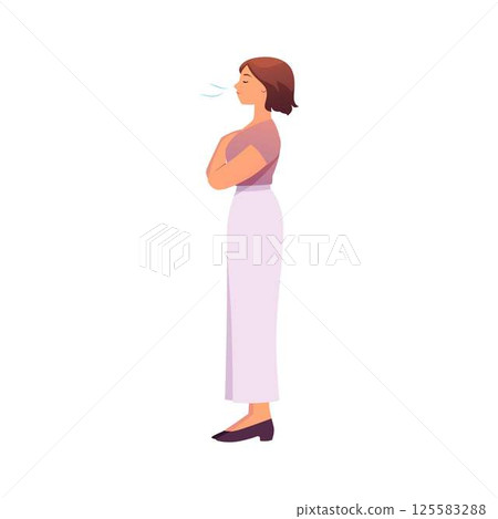 Woman standing makes calm breathing exercise, breathe out, holding chest and eyes closed vector illustration side view 125583288