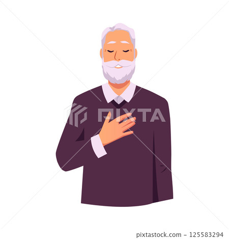 Senior man makes calm breathing exercise, breathe out and in, holding chest with eyes closed vector flat illustration Senior man makes calm breathing exercise, breathe out and in, holding chest with eyes closed vector flat illustration 125583294