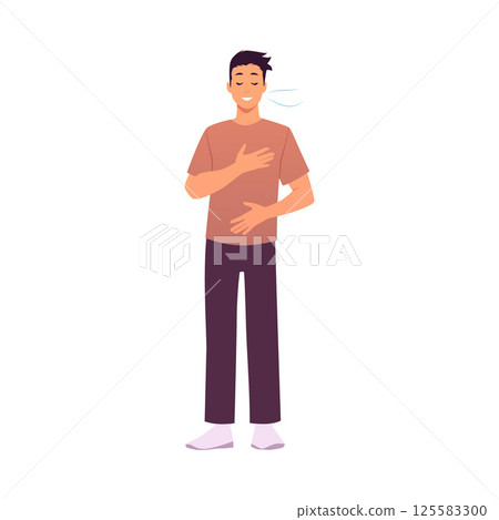 Man standing makes calm breathing exercise, breathe out and in holding chest and stomach, eyes close vector illustration 125583300