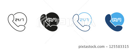 24 7 Customer Support Phone Icon Set. Round-The-Clock Service Availability And Helpline Assistance Outline And Silhouette Symbol Collection. Communication And Support. Isolated Vector Illustration 125583315