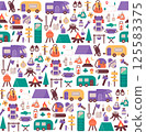 Seamless pattern with things for traveling to the mountains. Fishing and summer camping. Hike with backpacks, rest in the forest. print object stuff design wallpaper. background vector illustration. 125583375