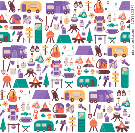 Seamless pattern with things for traveling to the mountains. Fishing and summer camping. Hike with backpacks, rest in the forest. print object stuff design wallpaper. background vector illustration. 125583375