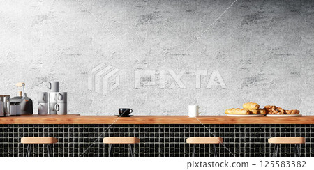 Charming coffee shop counter with pastries and inviting decor, 3D render illustration Charming coffee shop counter with pastries and inviting decor, 3D render illustration 125583382
