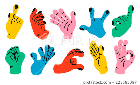 Collection of gesture signs from human hands. A set of fingers showing emotions and directions. gesture finger in flat design. communication expressions with hand sign in trendy style. vector icon 125583387