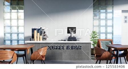 Welcoming coffee bar interior with comfortable seating arrangements, 3D render illustration Welcoming coffee bar interior with comfortable seating arrangements, 3D render illustration 125583406