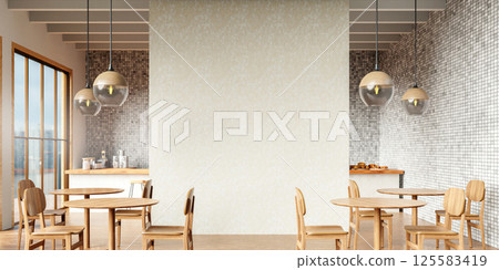 Cozy and Modern Coffee Shop Interior with Rustic Touch, 3D Render Illustration 125583419