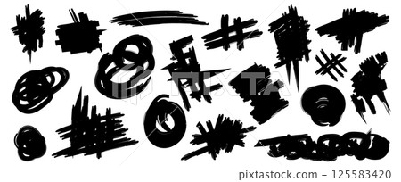 Collection of hand drawn doodles and squiggles for text highlighting sign. Set of design elements with texture of scribbles. Black line brush stroke. Simple cute vector swashes, strokes, note, diagram 125583420