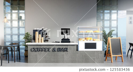 Elegant Coffee Shop Counter with Bakery Display, 3D render illustration 125583436