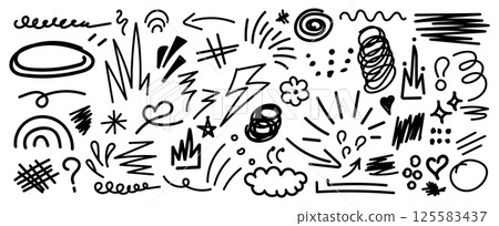 Collection of hand drawn doodles and squiggles for text highlighting sign. Set of design elements with texture of scribbles. Black line brush stroke. Simple cute vector swashes, strokes, note, diagram 125583437