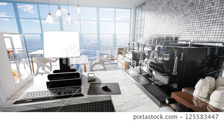 Stylish coffee shop interior with panoramic ocean view, 3D render illustration 125583447