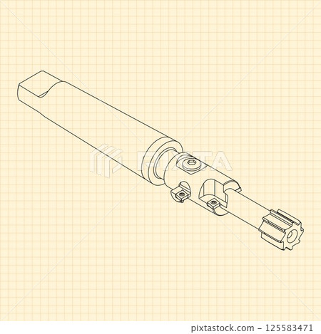 Mechanical engineering drawings. Tap tools, borer. Technical Design. Cover. Blueprint. Step Cutting Tool with Countersinking Function. Technical 3D Vector Illustration 125583471