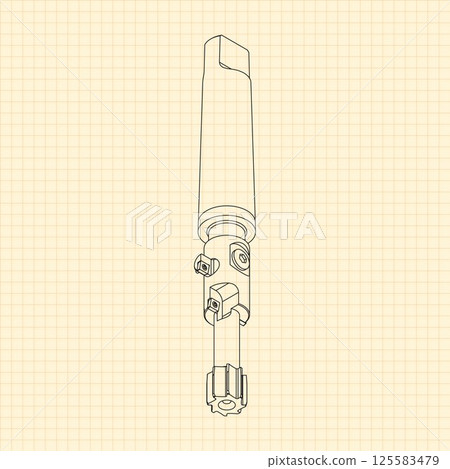 Mechanical engineering drawings. Tap tools, borer. Technical Design. Cover. Blueprint. Step Cutting Tool with Countersinking Function. Technical 3D Vector Illustration 125583479