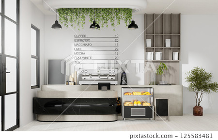 Contemporary coffee shop with thriving atmosphere and greenery, 3D render illustration 125583481