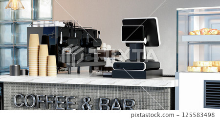 Stylish Coffee Bar Setup with Equipment, 3D render illustration 125583498