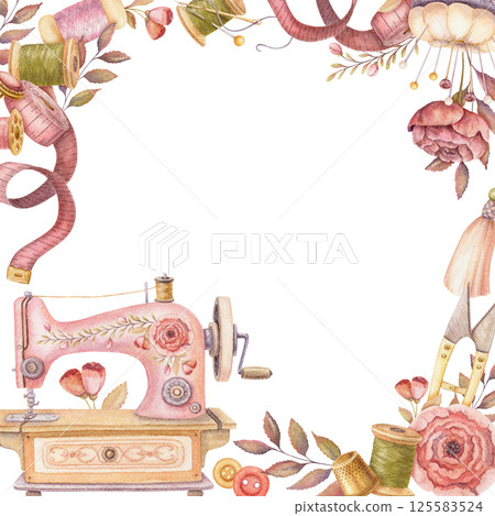 Square frame with watercolor sewing machine and copy space. Hand drawn vintage floral template with measuring tape and pincushion. Perfect for tailor logo and romantic card and invitation design. Square frame with watercolor sewing machine and copy space. Hand drawn vintage floral template with measuring tape and pincushion. Perfect for tailor logo and romantic card and invitation design. 125583524