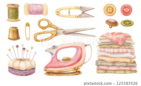 Set of sewing tools and needlework in watercolor. Hand drawn vintage template with pink iron and stack of fabric. Fashion industry and craft hobby kit. Perfect for atelier or dressmaking design. 125583526