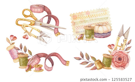 Set of sewing tool and needlework composition in watercolor. Hand drawn vintage arrangement with tailor scissors and thimble. Fashion industry and hobby kit. Perfect for atelier or dressmaker design. Set of sewing tool and needlework composition in watercolor. Hand drawn vintage arrangement with tailor scissors and thimble. Fashion industry and hobby kit. Perfect for atelier or dressmaker design. 125583527