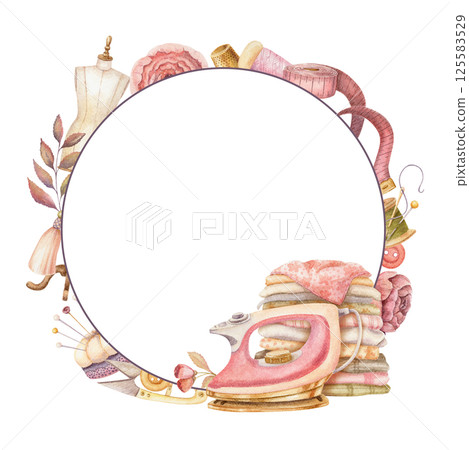 Round frame with watercolor clothes repairing tools and copy space. Hand drawn vintage template with pink iron and stack of fabrics. Perfect for tailor logo and romantic card and invitation design. Round frame with watercolor clothes repairing tools and copy space. Hand drawn vintage template with pink iron and stack of fabrics. Perfect for tailor logo and romantic card and invitation design. 125583529