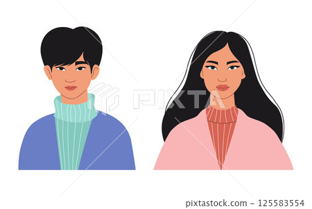 Oriental Young Guy and Beautiful Girl with Long Hair. Isolated Modern Male and Female Portraits Eastern Asian People with almond-shaped eyes on white background. Vector illustration in flat style Oriental Young Guy and Beautiful Girl with Long Hair. Isolated Modern Male and Female Portraits Eastern Asian People with almond-shaped eyes on white background. Vector illustration in flat style 125583554