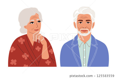 Elegant Gray-haired Mature Old Woman and Stylish Senior Man with Beard in Jacket. Isolated Modern Happy Female and confident Male Portrait on white background. Vector illustration in flat style 125583559