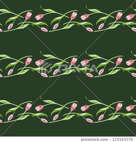 Seamless watercolor pattern with pink tulips on a green background. Floral pattern. Botanical illustration. Romantic spring theme for packaging, wallpaper. Seamless watercolor pattern with pink tulips on a green background. Floral pattern. Botanical illustration. Romantic spring theme for packaging, wallpaper. 125583576