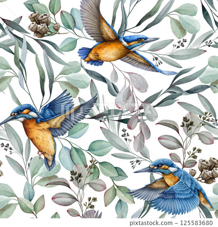 Flying birds with eucalyptus leaves background seamless pattern design element. Watercolor hand drawn wildlife illustration. Bright kingfisher birds on eucalyptus leafy background seamless pattern 125583680