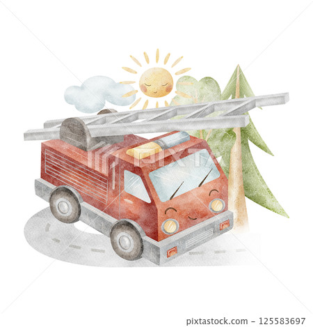 Watercolor illustration fire engine, city transport, road, trees, sun, clouds. Children's composition drawn hand in cartoon style on isolated background for design of postcards, posters, baby clothes Watercolor illustration fire engine, city transport, road, trees, sun, clouds. Children's composition drawn hand in cartoon style on isolated background for design of postcards, posters, baby clothes 125583697