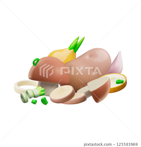 Ripe vegetables with spices 3D vector design, volume potatoes, mushrooms, onions and garlic, natural healthy plant food 125583969