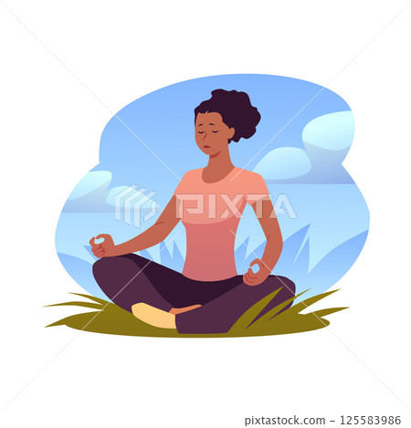 Woman dark skinned in lotus posture on lawn makes breathing exercise and meditation on nature vector flat illustration Woman dark skinned in lotus posture on lawn makes breathing exercise and meditation on nature vector flat illustration 125583986