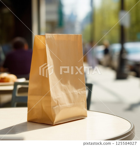 Brown paper bag mockup, food packaging template, new blank paper bag standing on table in street cafe 125584027