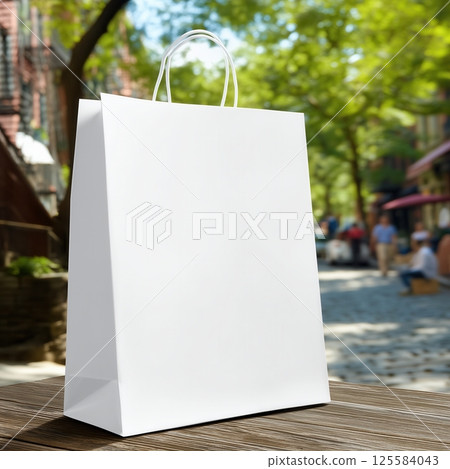 White paper bag mockup, food packaging template, new blank paper bag standing on table in street cafe 125584043