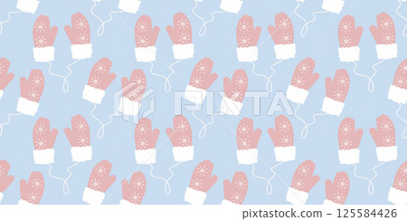 Mittens with snowflakes and fur on string Seamless Pattern in trendy soft pink on blue Winter fond 125584426