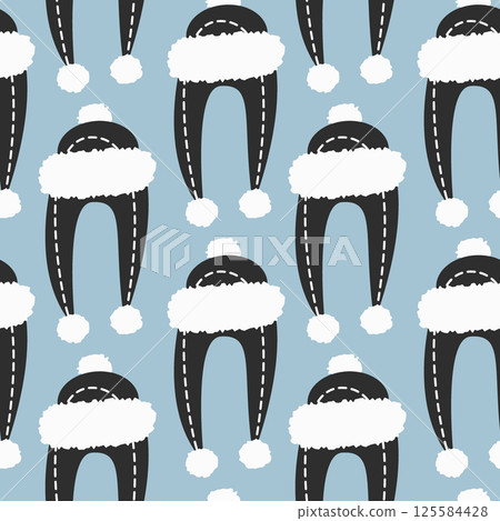 Warm Ear Flap Hat with fur, buboes and stitch Seamless Pattern Black and White on Blue Background 125584428