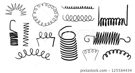 Metal coil spiral bounce metal line hand drawn doodle. Slinky or wire flexible spring. Set curly wavy twisted shape. Metal coil spiral bounce metal line hand drawn doodle. Slinky or wire flexible spring. Set curly wavy twisted shape. 125584434