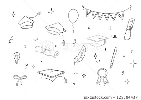 Graduation hat doodle line. University Cap of graduate and certificate degree hand drawn outline. Graduation hats sketch Graduation hat doodle line. University Cap of graduate and certificate degree hand drawn outline. Graduation hats sketch 125584437