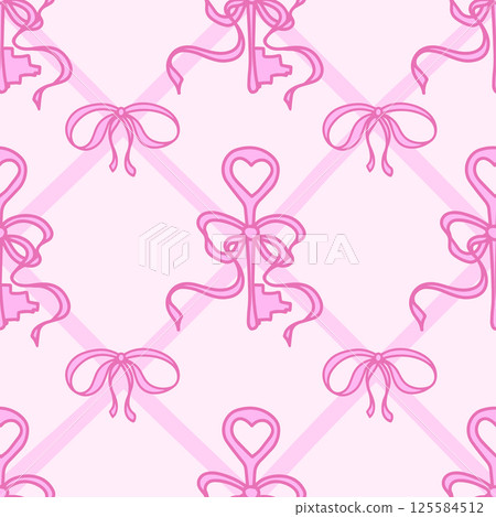 Coquette Pattern Pink Ribbon Bow and Antique Key. Girly keys with bows on pink background with cross ribbons. Trendy feminine romantic template for wedding, fabric, wrapping. Vector Illustration. Coquette Pattern Pink Ribbon Bow and Antique Key. Girly keys with bows on pink background with cross ribbons. Trendy feminine romantic template for wedding, fabric, wrapping. Vector Illustration. 125584512