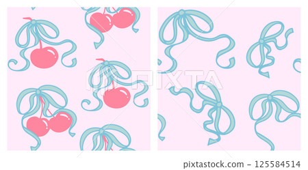 Coquette cherry with bows seamless pattern set. Cute berries with ribbons on pastel pink and blue colors. Romantic trendy hand-drawn, vector illustration. 125584514