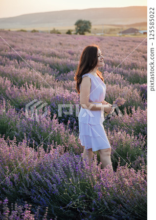 Woman in dress in lavender field before harvest 125585022