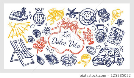 La Dolce Vita Set line art chalk and charcoal hand-drawn vector collection inspired by Italian summer, featuring lemons, cheese, wine, sea motifs, a vintage car, sun and seaside vacation vibes. La Dolce Vita Set line art chalk and charcoal hand-drawn vector collection inspired by Italian summer, featuring lemons, cheese, wine, sea motifs, a vintage car, sun and seaside vacation vibes. 125585032
