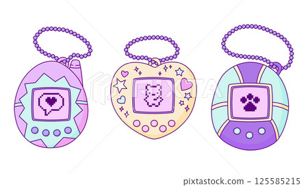 Set of Cute Retro Virtual Pet Toys Hand Drawn Illustrations Isolated on White Background. Nostalgic Artificial Pet Device with Screen Display, Pixel Print, Buttons Set of Cute Retro Virtual Pet Toys Hand Drawn Illustrations Isolated on White Background. Nostalgic Artificial Pet Device with Screen Display, Pixel Print, Buttons 125585215