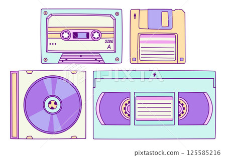 Set of Nostalgic Data Storage Devices. Cassette Tape, Floppy Disk, Compact Disc and VHS Tape in Pastel Colors. Retro Media Icons for 80s-90s Vintage Tech Lovers 125585216