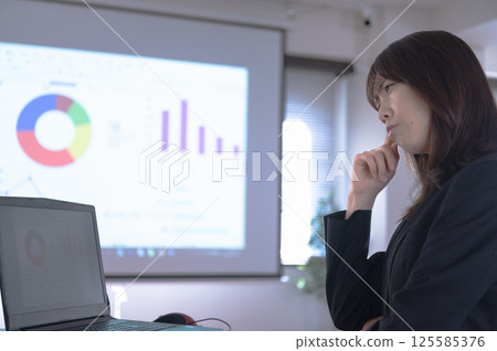 一位西裝革履的女士正在努力製作示範材料 一位西裝革履的女士正在努力製作示範材料 125585376