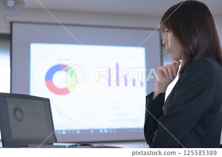 一位西裝革履的女士正在努力製作示範材料 125585389